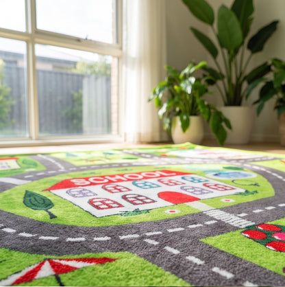 A colorful children's play rug featuring a school and road design, styled on a wooden floor in a bright room with a window and potted plants in the background.